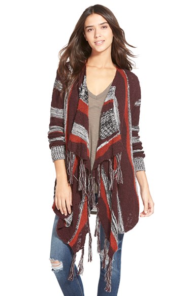 Sun & Shadow Print Intarsia Stripe Blanket Cardigan in Red Ochre Sculpture Jacquard