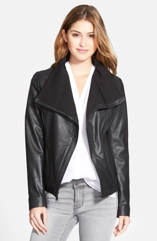 T Tahari 'Luisa' Knit Panel Drape Front Leather Jacket (Online Only) in Black