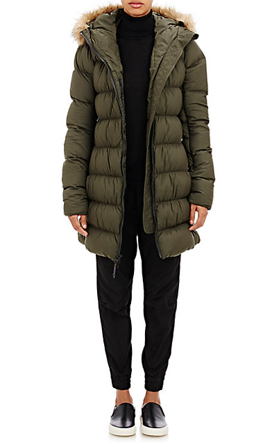 THE NORTH FACE Quilted Tech-Fabric Hooded Jacket in Olive Green with Faux Fur Trim