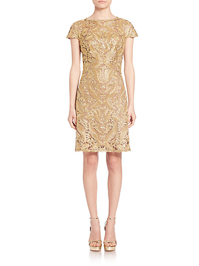 Tadashi Shoji Metallic Lace Dress in Gold