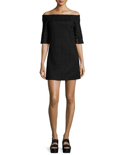 Tibi Lace Off-the-Shoulder Mini Dress in Black. Neiman Marcus