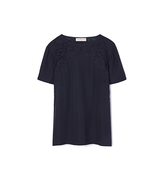 Tory Burch LINEN JERSEY & LACE T-SHIRT in Medium Navy
