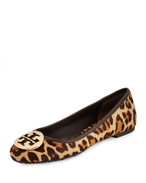 Tory Burch Reva Leopard-Print Fur Logo Ballet Flats. Neiman Marcus
