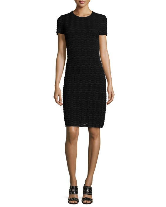 Tory Burch Short-Sleeve Wave-Mesh Sheath Dress in Black. Neiman Marcus
