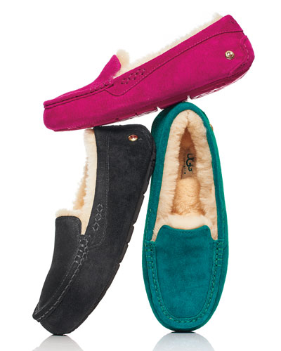 UGG Australia Ansley Moccasin Slipper in Peony, Deep Teal and Black. Neiman Marcus