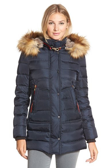 Vince Camuto Down & Feather Fill Parka with Faux Fur Trim in Black or Navy Blue