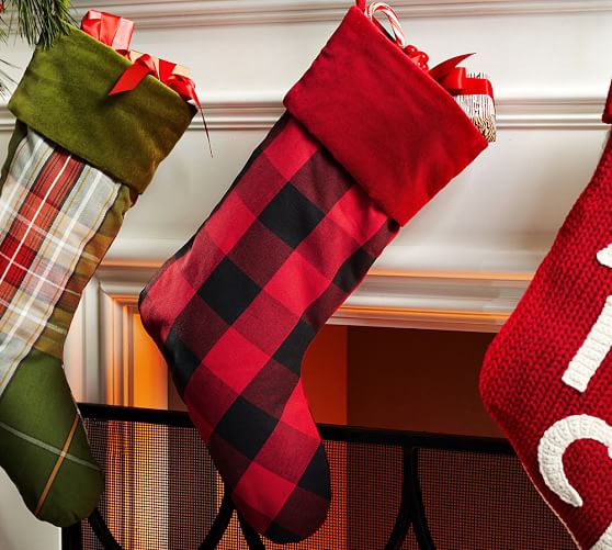 Pottery Barn BUFFALO CHECK STOCKING WITH VELVET RED CUFF