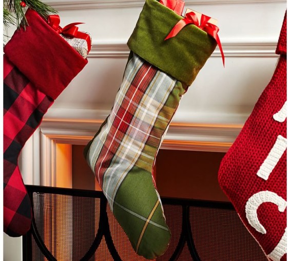 Pottery Barn CHARLES PLAID STOCKING WITH VELVET GREEN CUFF