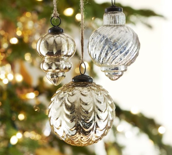 Pottery Barn ECLECTIC MERCURY GLASS ORNAMENTS - CHAMPAGNE & SILVER, SET OF 3
