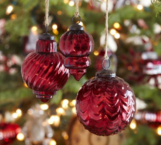 Pottery Barn ECLECTIC MERCURY GLASS ORNAMENTS - RED, SET OF 3