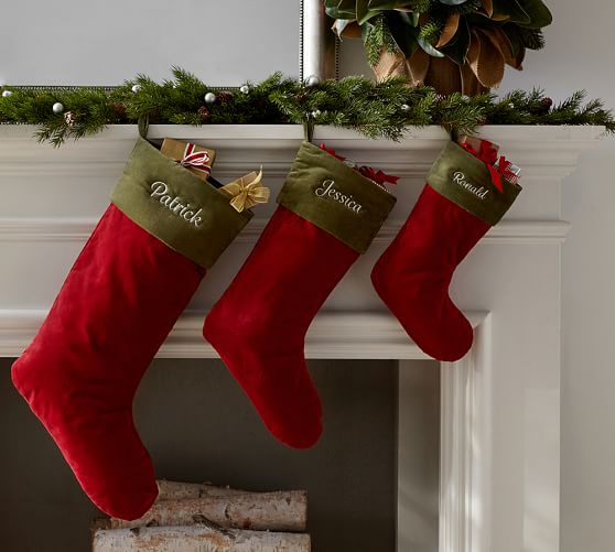 Pottery Barn VELVET STOCKING - RED WITH GREEN CUFF