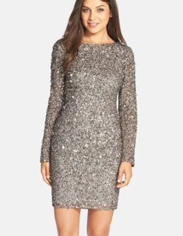 Adrianna Papell Embellished Scoop Back Cocktail Dress (Regular & Petite) in Cranberry, Lead, Black or Navy Blue holiday party dresses with long sleeves