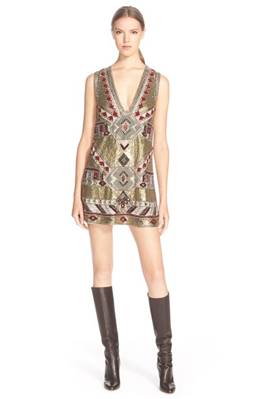 Alice + Olivia 'Odell' Embellished A-Line Dress in Gold Multi