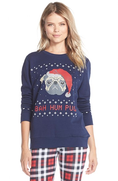 COZY ZOE Holiday Print Sweatshirt in Navy Pug