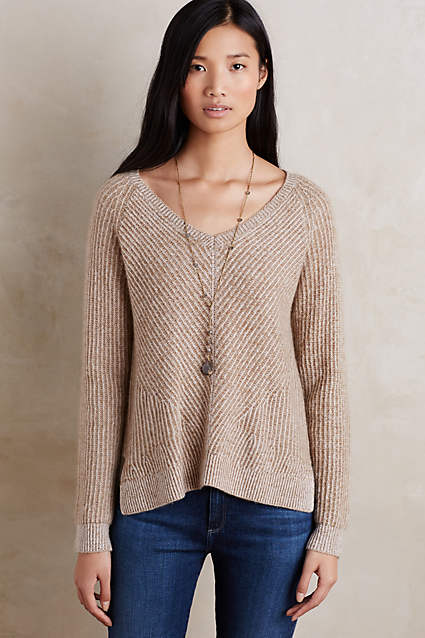 Cabled Cashmere V-Neck by Moth in Moss, Coral, Green. Anthropologie