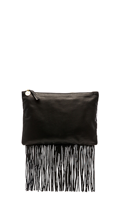 Clare V. Fringe Flat Clutch in Black Leather