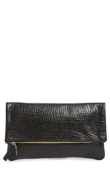 Clare V. Leather Foldover Clutch in Black Pebble