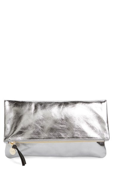 Clare V. 'Maison' Metallic Leather Foldover Clutch in Silver