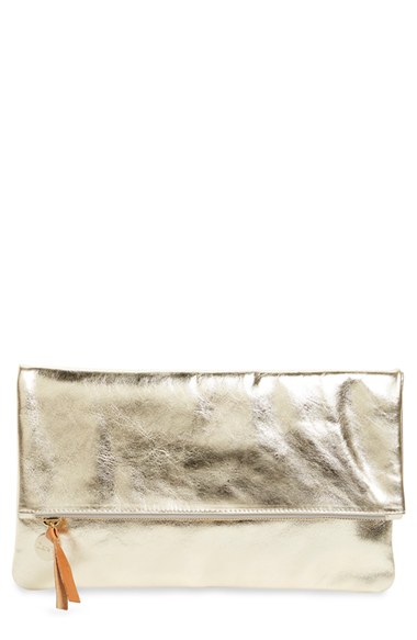 Clare V. 'Maison' Metallic Leather Foldover Clutch in Yellow Gold