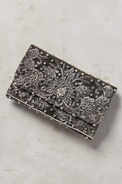 Cremona Velvet Embellished Clutch in Silver. 