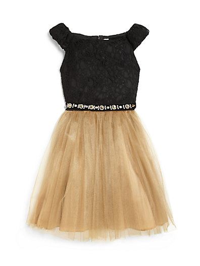 David Charles Girl's Lace & Bronze Net Dress in Black-Gold