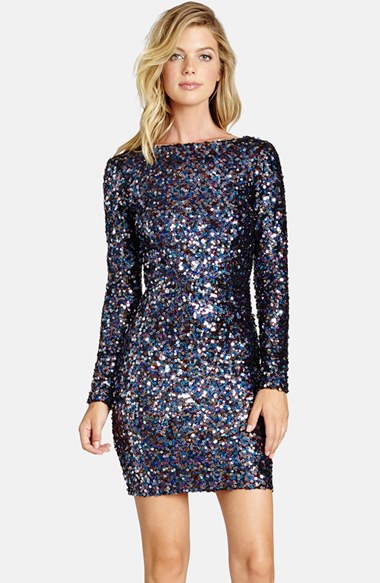 Dress the Population 'Lola City Lights' Backless Long Sleeve Sequin Minidress in City Lights Multi