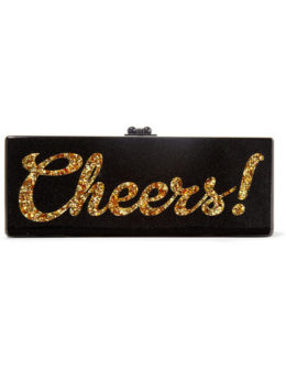 EDIE PARKER Flavia Cheers glittered acrylic box clutch in Black and Gold