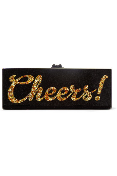 EDIE PARKER Flavia Cheers glittered acrylic box clutch in Black and Gold