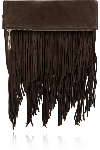 ELIZABETH AND JAMES Andrew fringed suede clutch in chocolate brown