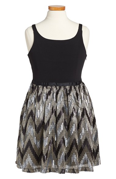 Elisa B 'Cami' Dress (Big Girls) in Black with a Zigzag Sequin Skirt