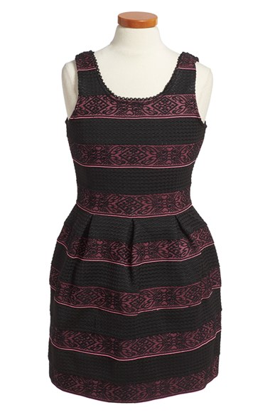 Elisa B Jacquard Stripe Skater Dress (Big Girls) in Magenta and Black holiday dresses for tweens
