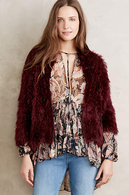 Faux-Fur Cardigan by Knitted & Knotted in Plum or Ivory. Anthropologie Sweater Sale