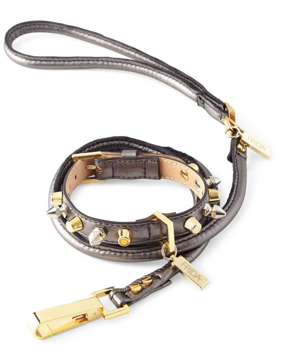 Frida Studded Gray Leather Collar with Lead