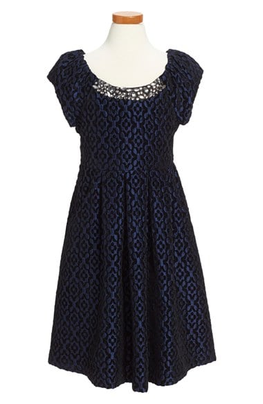 Iris & Ivy Crystal Embellished Floral Velvet Brocade Party Dress in Navy Blue