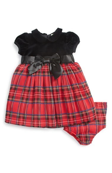 Little Me Velour & Pleated Plaid Dress (Baby Girls) in Red Plaid
