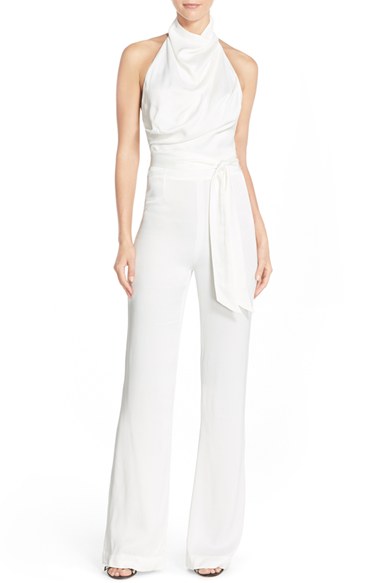 MISHA COLLECTION 'Delia' Halter Satin Jumpsuit in Milk White