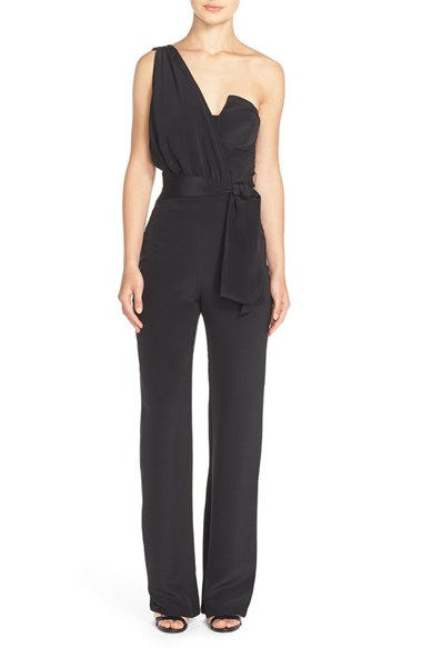 MISHA COLLECTION 'Maralah' One-Shoulder Silk Jumpsuit in Ebony