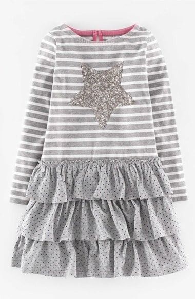 Mini Boden Long Sleeve Ruffle Dress (Toddler Girls, Little Girls & Big Girls) in Grey Marl Star (Age 4-5Y, 5-6Y, 6-7Y)
