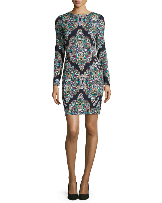 Nicole Miller Artelier Long-Sleeve Crystal-Print Sheath Dress in Multi