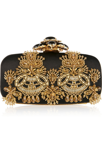 OSCAR DE LA RENTA Goa embellished satin clutch in Black and Gold
