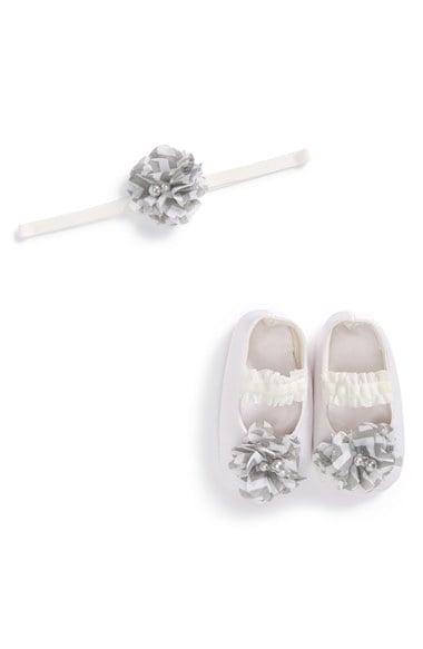 PLH Bows & Laces Headband & Crib Shoes (Baby Girls) in White/Grey