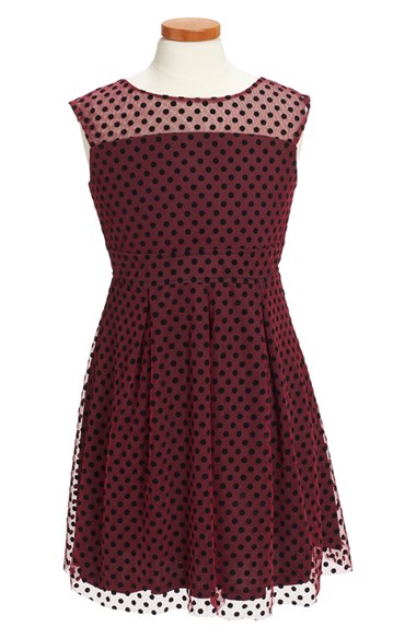 Pippa & Julie Flocked Illusion Yoke Sleeveless Party Dress (Little Girls & Big Girls) in Burgundy Polka Dot