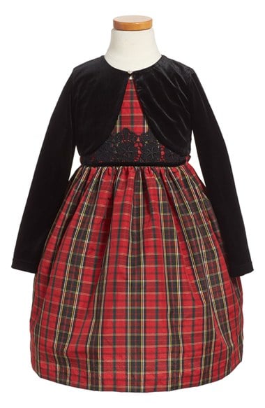 Pippa & Julie Sleeveless Tartan Dress & Velvet Crop Jacket (Toddler Girls, Little Girls & Big Girls) in Black and Red