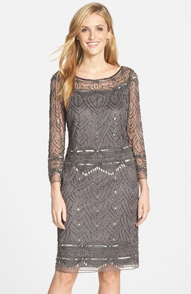 Pisarro Nights Beaded Mesh Cocktail Dress in Smoke, Plum or Taupe