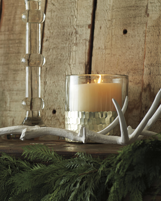 Plated Glass Hurricane in Silver. Serena & Lily Holiday Decor Sale