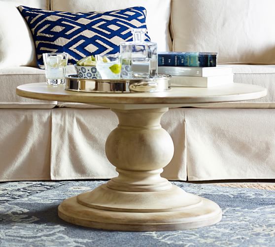 Pottery Barn DAWSON ROUND PEDESTAL COFFEE TABLE in Weathered White