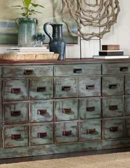 Pottery Barn Vintage Inspired CLERK'S CONSOLE TABLE in Distressed French Blue and Antique Oak Pottery Barn Media Console Sale