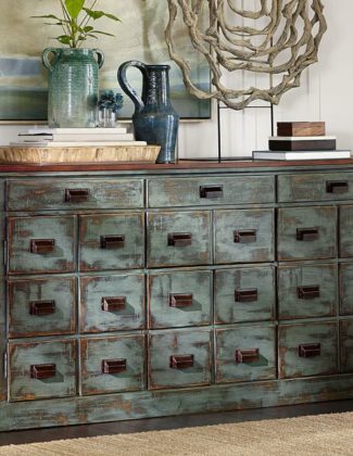 Pottery Barn Vintage Inspired CLERK'S CONSOLE TABLE in Distressed French Blue and Antique Oak Pottery Barn Media Console Sale