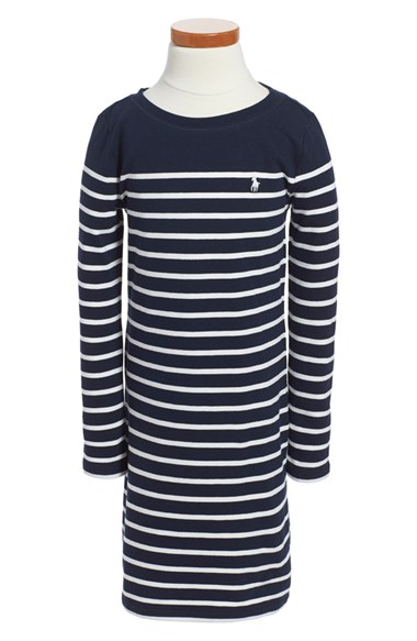 Ralph Lauren Stripe Knit T-Shirt Dress (Toddler Girls & Little Girls) in Aviator Navy Multi