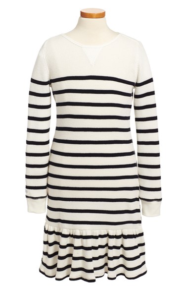 Ralph Lauren Stripe Waffle Knit Ruffle Hem Dress (Big Girls) in Collection Navy Multi